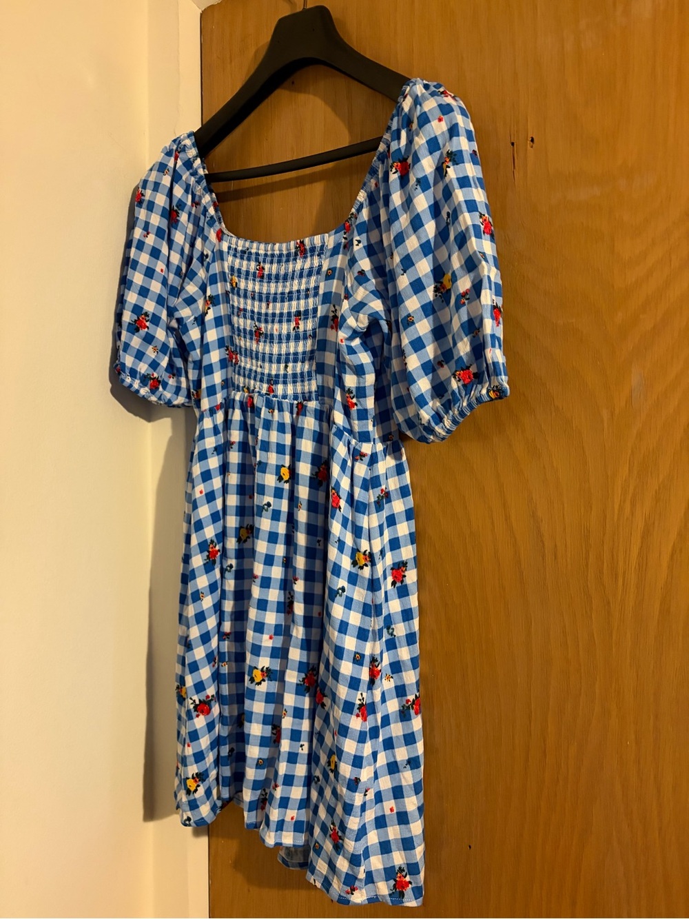Women’s Blue Gingham Smock Dress with Floral Embroidery
